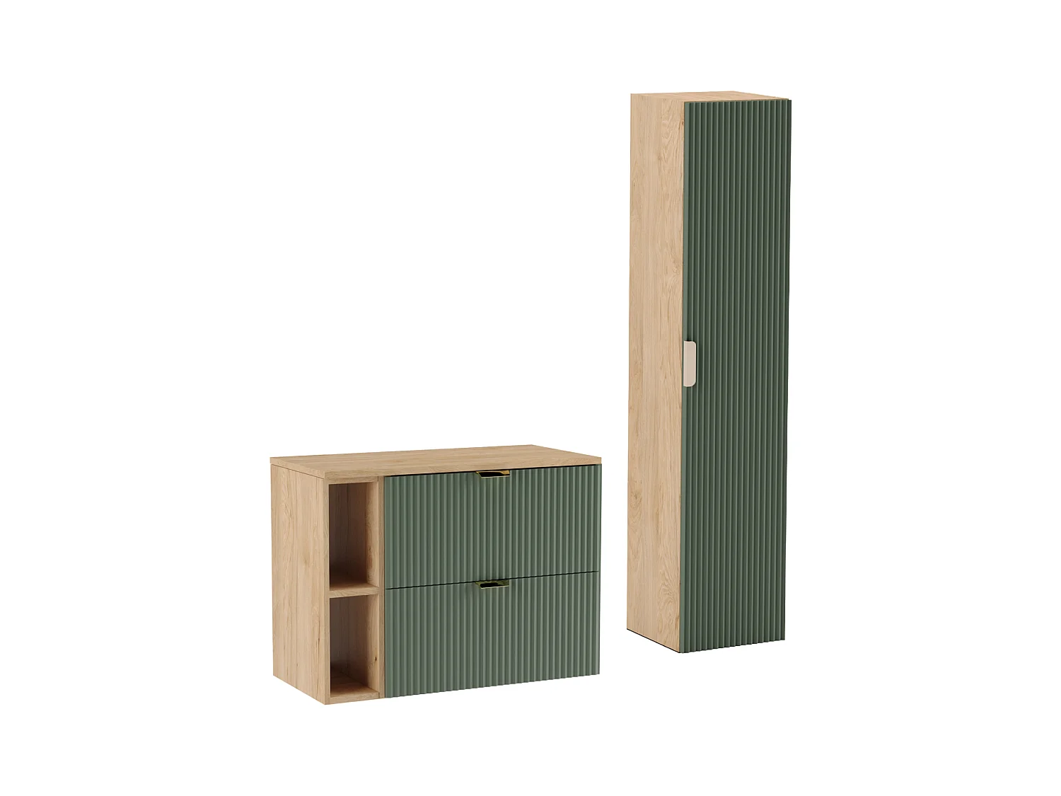 Zestaw Łazienkowy 80cm Szafka Blat Regał Słupek Ryflowane Fronty Zielony / Dąb Orzech