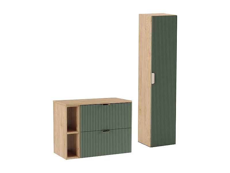 Zestaw Łazienkowy 80cm Szafka Blat Regał Słupek Ryflowane Fronty Zielony / Dąb Orzech
