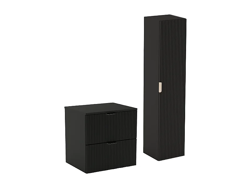 Czarny Zestaw Łazienkowy 60cm Szafka Blat Słupek Ryflowane Fronty