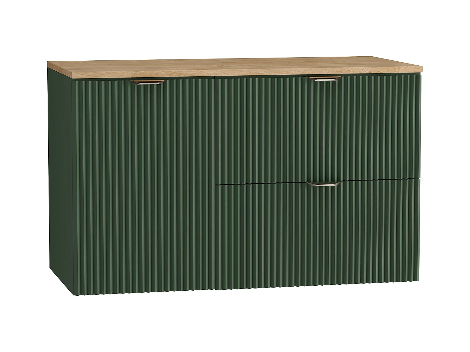 Zielony Zestaw do Łazienki 100cm Szafka Blat Orzech Szafka z Koszem Słupek Ryflowane Fronty