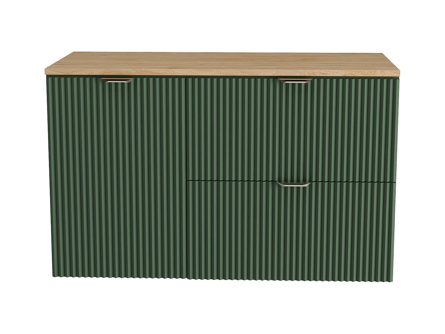 Zielony Zestaw do Łazienki 100cm Szafka Blat Orzech Szafka z Koszem Słupek Ryflowane Fronty