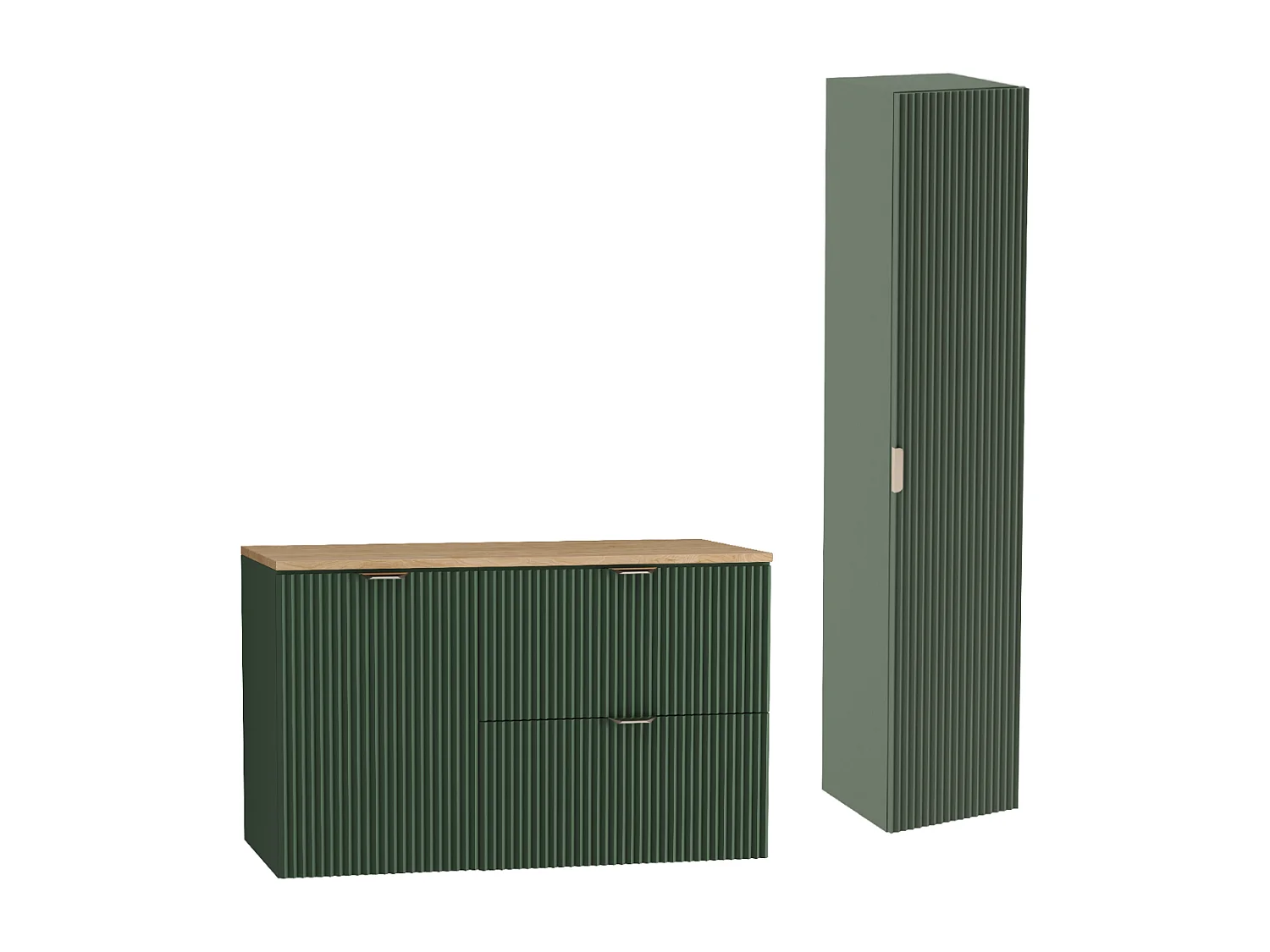 Conjunto verde para baño 100 cm Armario Encimera Nogal Armario con cesta Columna Frentes ranurados