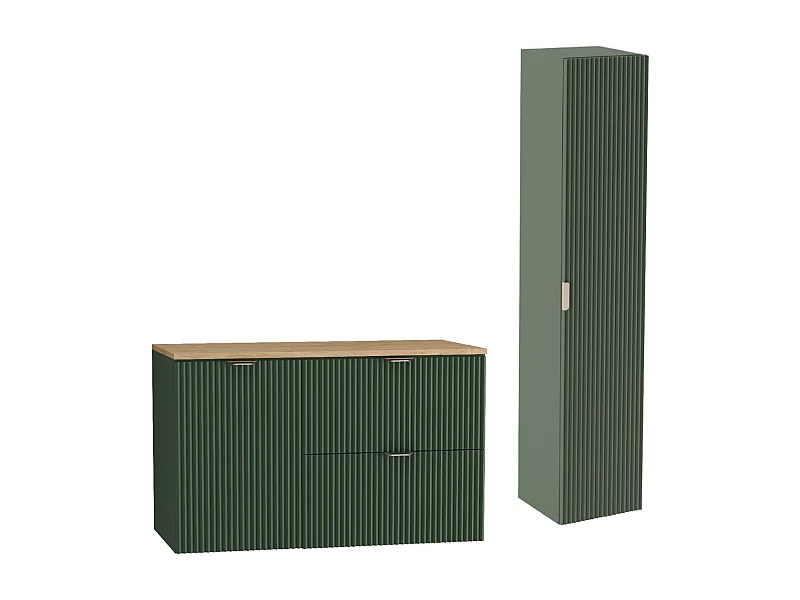 Conjunto verde para baño 100 cm Armario Encimera Nogal Armario con cesta Columna Frentes ranurados