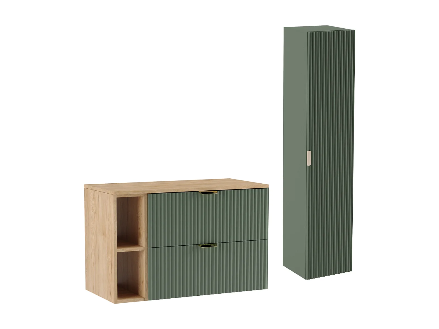 Conjunto de baño verde 100 cm Armario Encimera  Estantería Nogal Columna Frentes ranurados