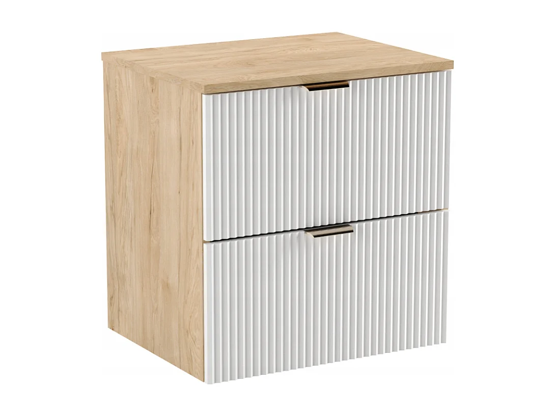 Set da bagno 60 cm Mobile Piano di lavoro Colonna Frontali scanalati Bianco / Rovere Noce