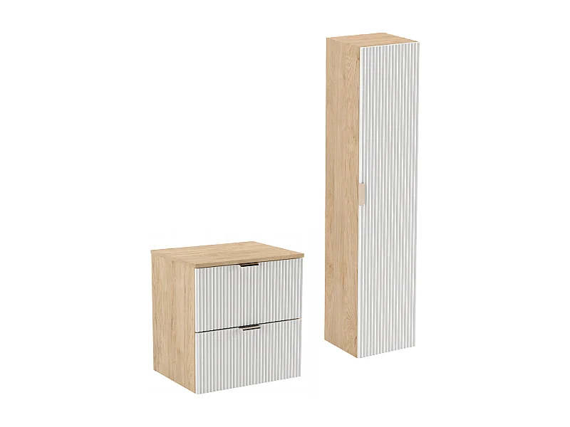 Set da bagno 60 cm Mobile Piano di lavoro Colonna Frontali scanalati Bianco / Rovere Noce