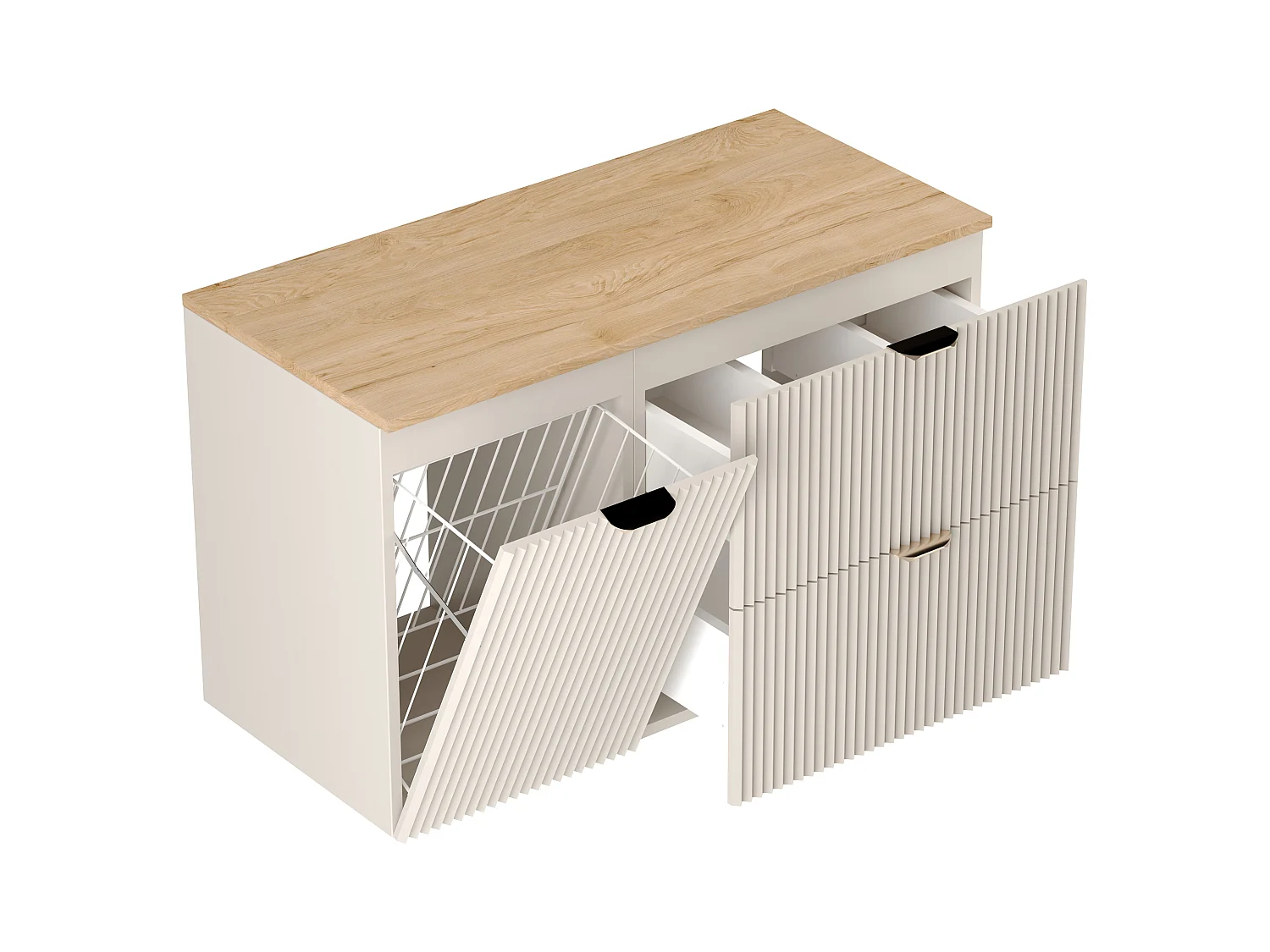 Kaszmirowy Zestaw do Łazienki 100cm Szafka Blat Orzech Szafka z Koszem Słupek Ryflowane Fronty