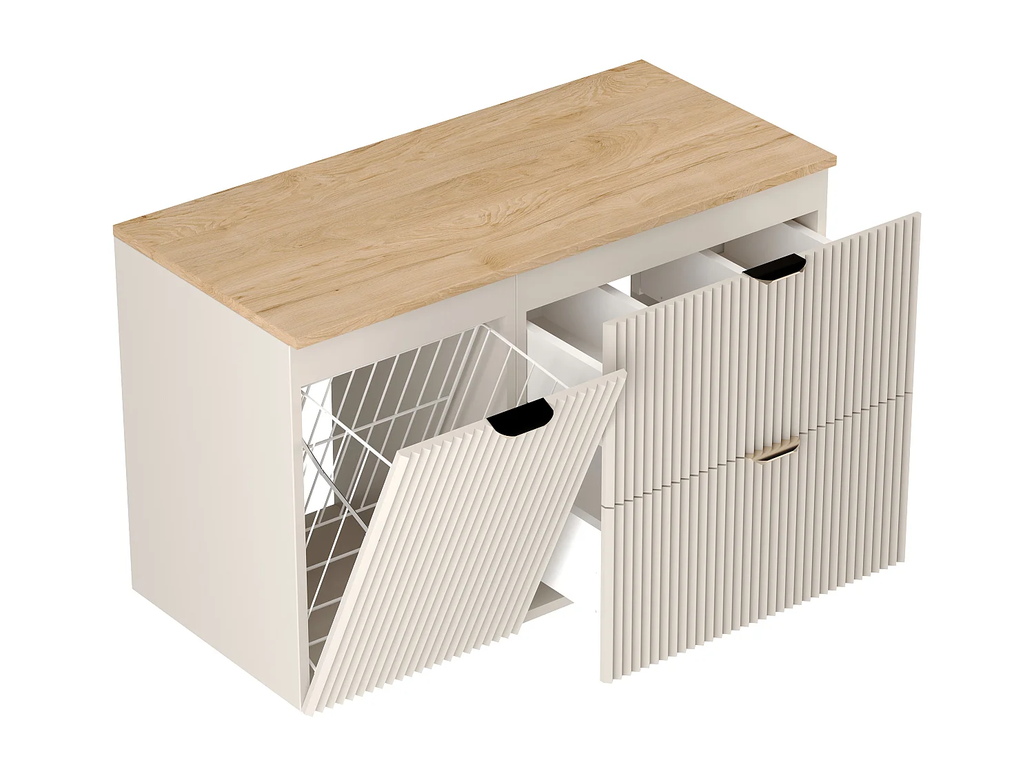 Kaszmirowy Zestaw do Łazienki 100cm Szafka Blat Orzech Szafka z Koszem Słupek Ryflowane Fronty