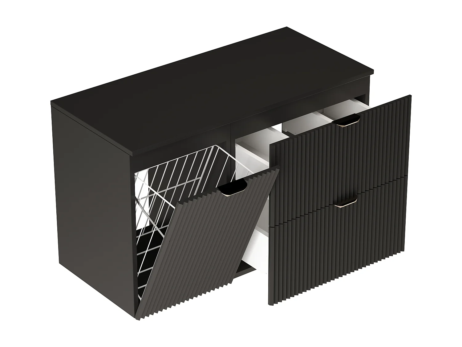 Czarny Zestaw do Łazienki 100cm Szafka Blat Czarny Szafka z Koszem Słupek Ryflowane Fronty