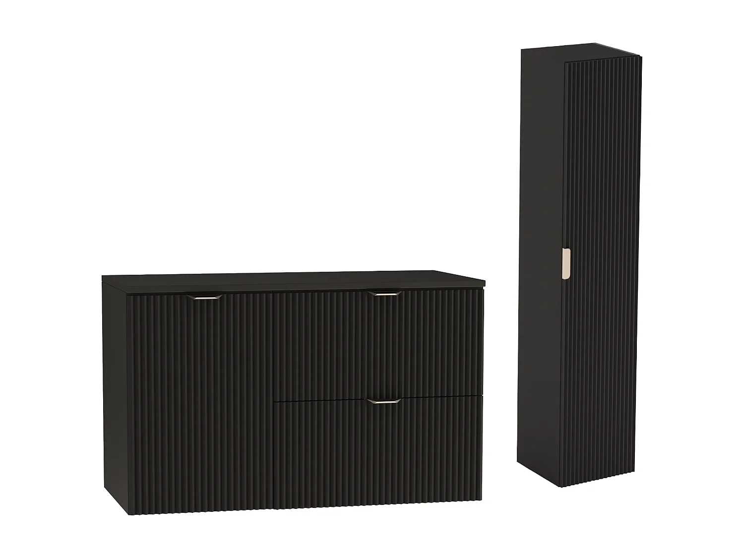 Conjunto de baño negro 100 cm Armario Encimera Negro Armario con cesta Columna Frentes ranurados