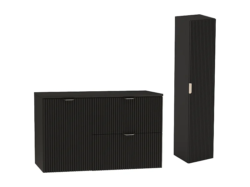 Czarny Zestaw do Łazienki 100cm Szafka Blat Czarny Szafka z Koszem Słupek Ryflowane Fronty