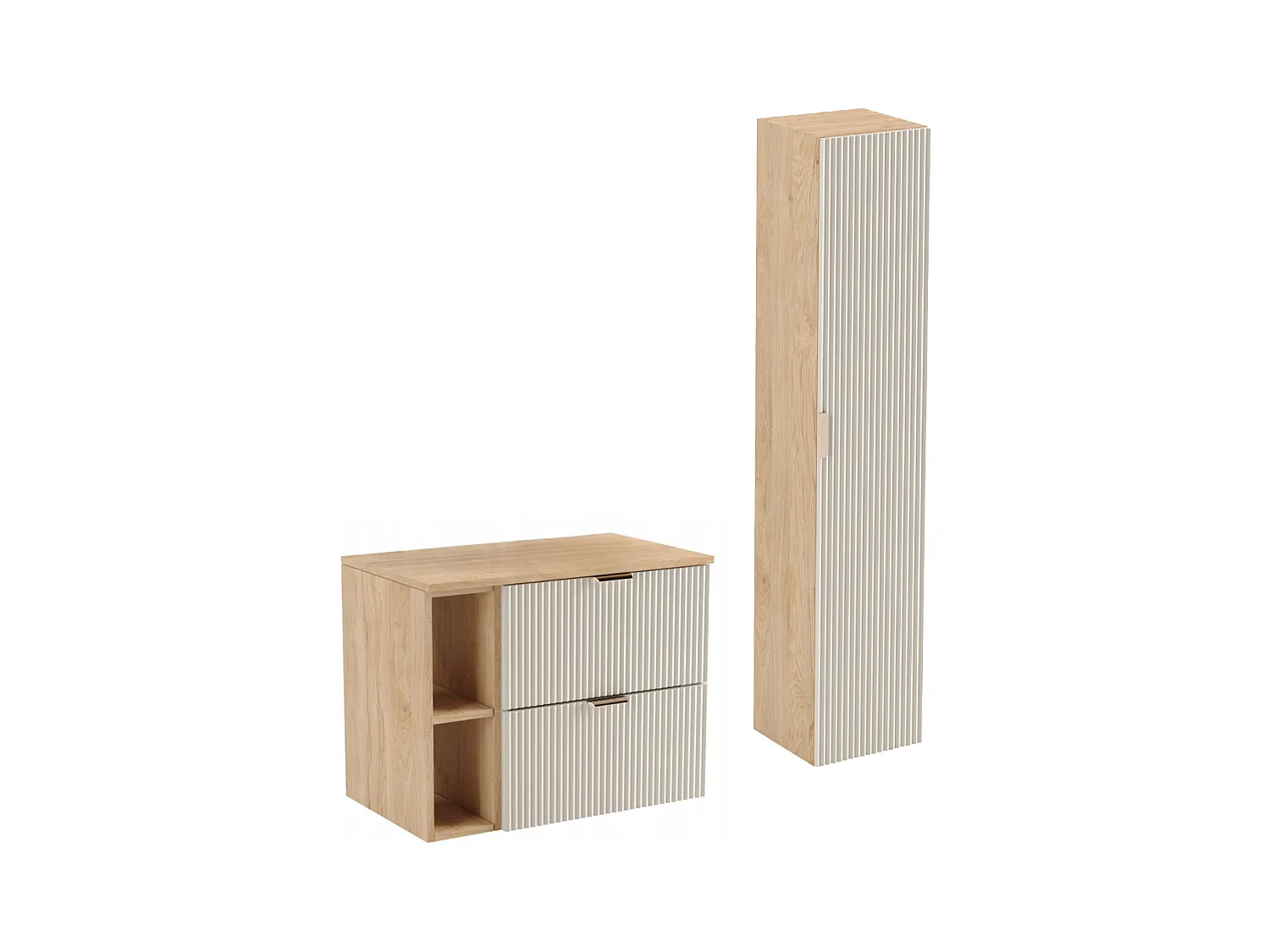 Zestaw Łazienkowy 80cm Szafka Blat Regał Słupek Ryflowane Fronty Kaszmir / Dąb Orzech