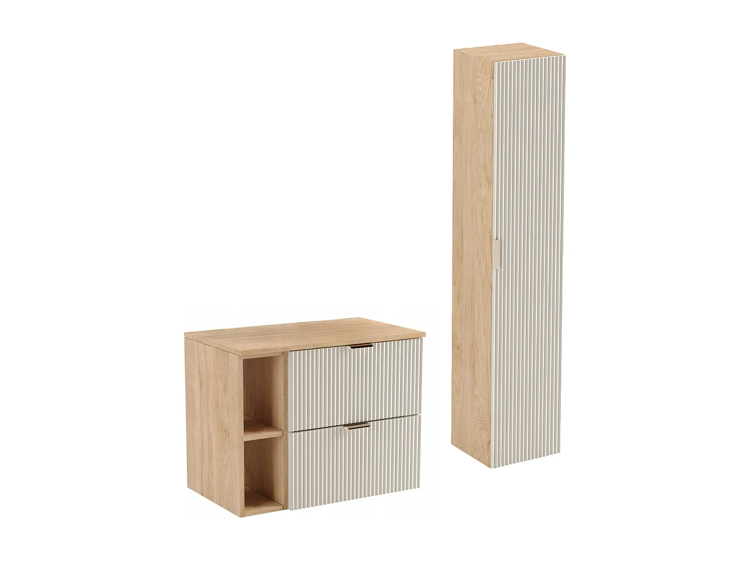 Set da bagno 80 cm Mobile Lavabo Scaffale Colonna Frontali scanalati Cashmere / Rovere Noce