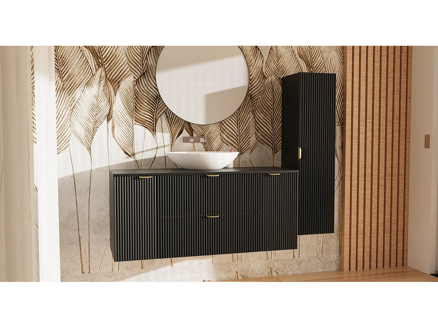 Czarny Zestaw do Łazienki 140cm Szafka Blat Słupek Ryflowane Fronty