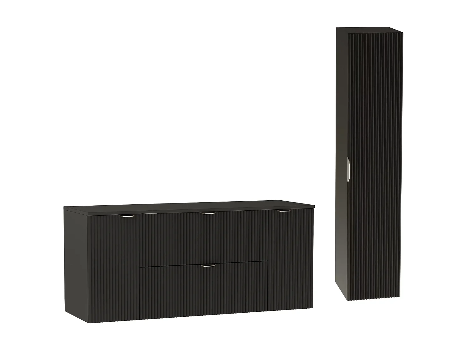 Czarny Zestaw do Łazienki 140cm Szafka Blat Słupek Ryflowane Fronty
