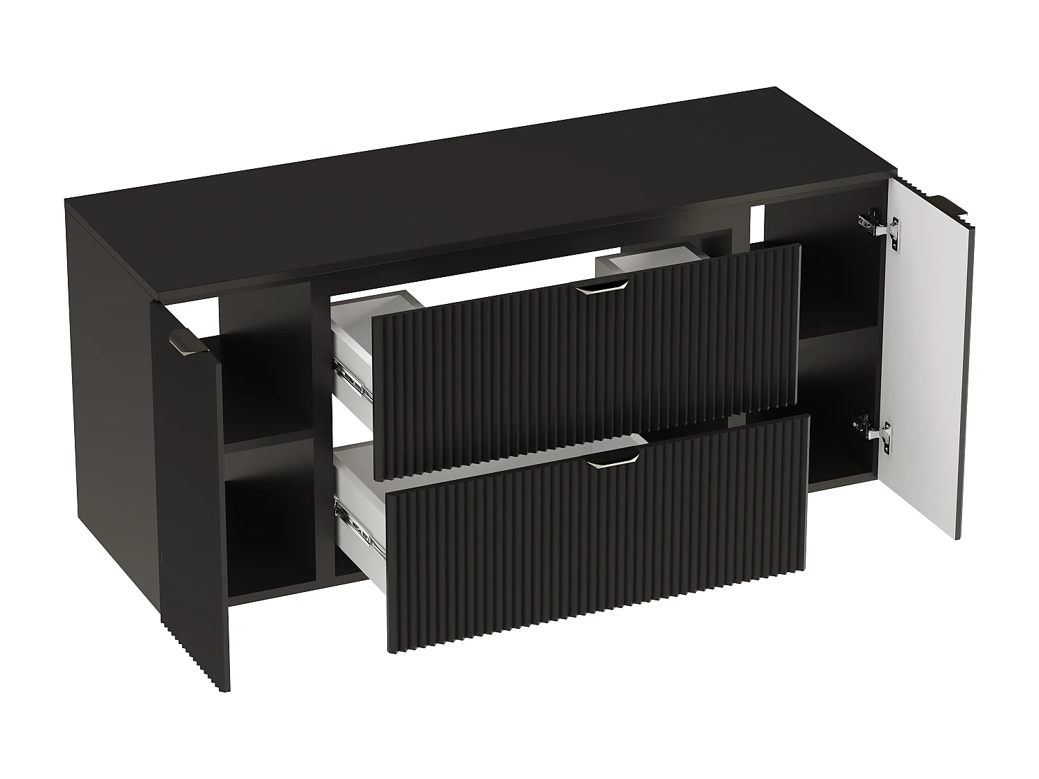 Czarny Zestaw do Łazienki 140cm Szafka Blat Słupek Ryflowane Fronty