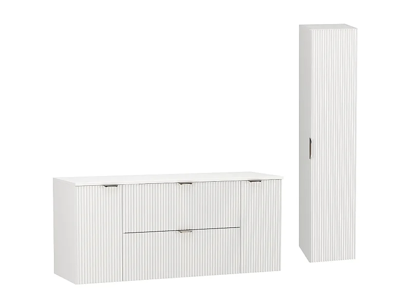 Biały Zestaw do Łazienki 140cm Szafka Blat Słupek Ryflowane Fronty