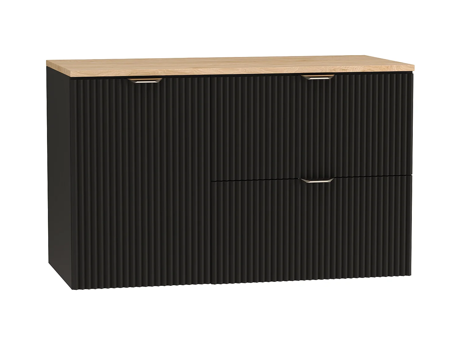 Czarny Zestaw do Łazienki 100cm Szafka Blat Orzech Szafka z Koszem Słupek Ryflowane Fronty