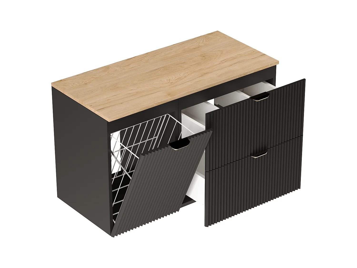 Czarny Zestaw do Łazienki 100cm Szafka Blat Orzech Szafka z Koszem Słupek Ryflowane Fronty