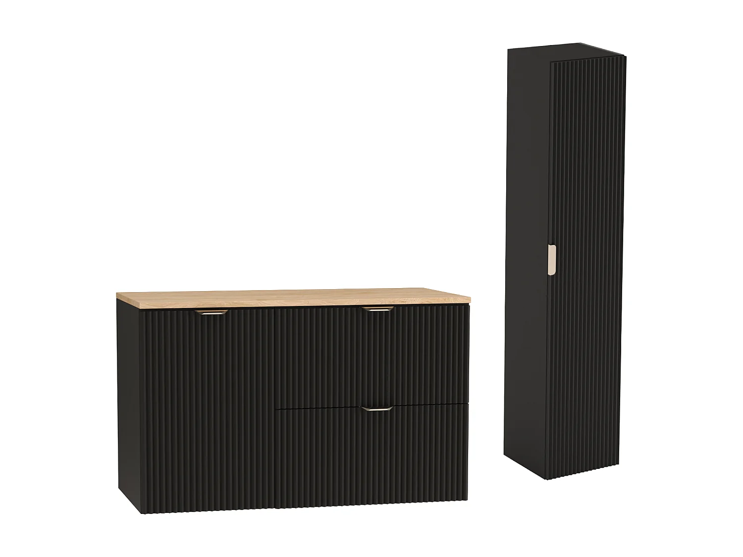 Czarny Zestaw do Łazienki 100cm Szafka Blat Orzech Szafka z Koszem Słupek Ryflowane Fronty