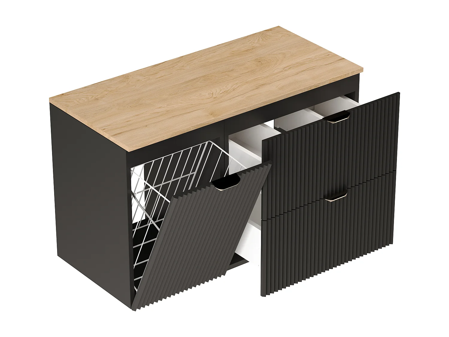 Czarny Zestaw do Łazienki 100cm Szafka Blat Orzech Szafka z Koszem Słupek Ryflowane Fronty