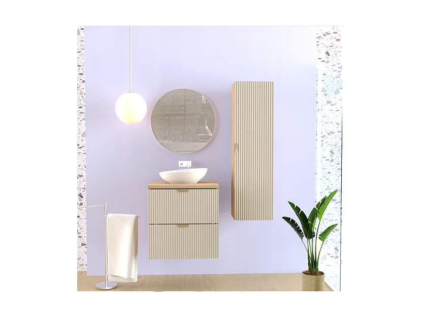 Zestaw Łazienkowy 60cm Szafka Blat Słupek Ryflowane Fronty Kaszmir / Dąb Orzech