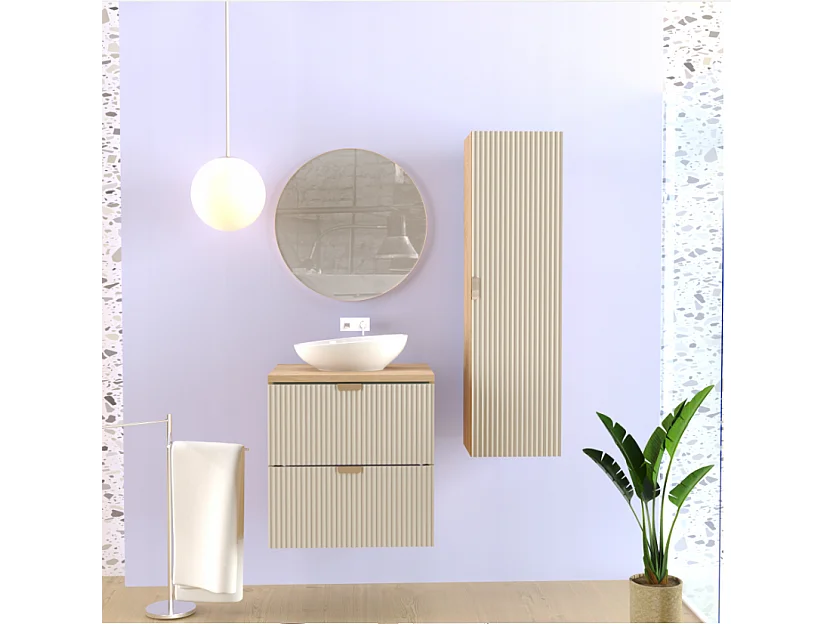 Set da bagno 60 cm Mobile Piano di lavoro Colonna Frontali scanalati Kashmir / Rovere Noce