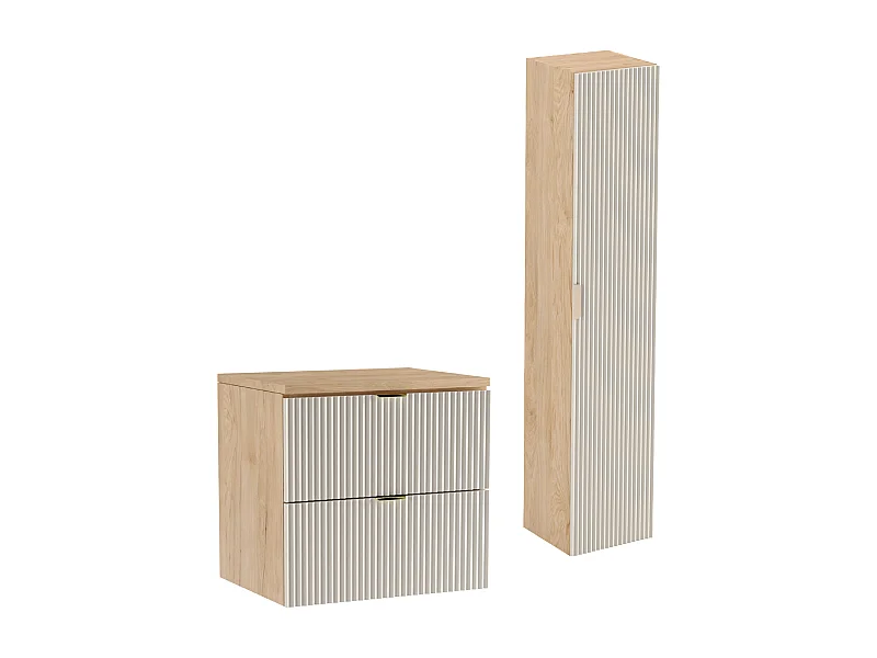 Set da bagno 60 cm Mobile Piano di lavoro Colonna Frontali scanalati Kashmir / Rovere Noce