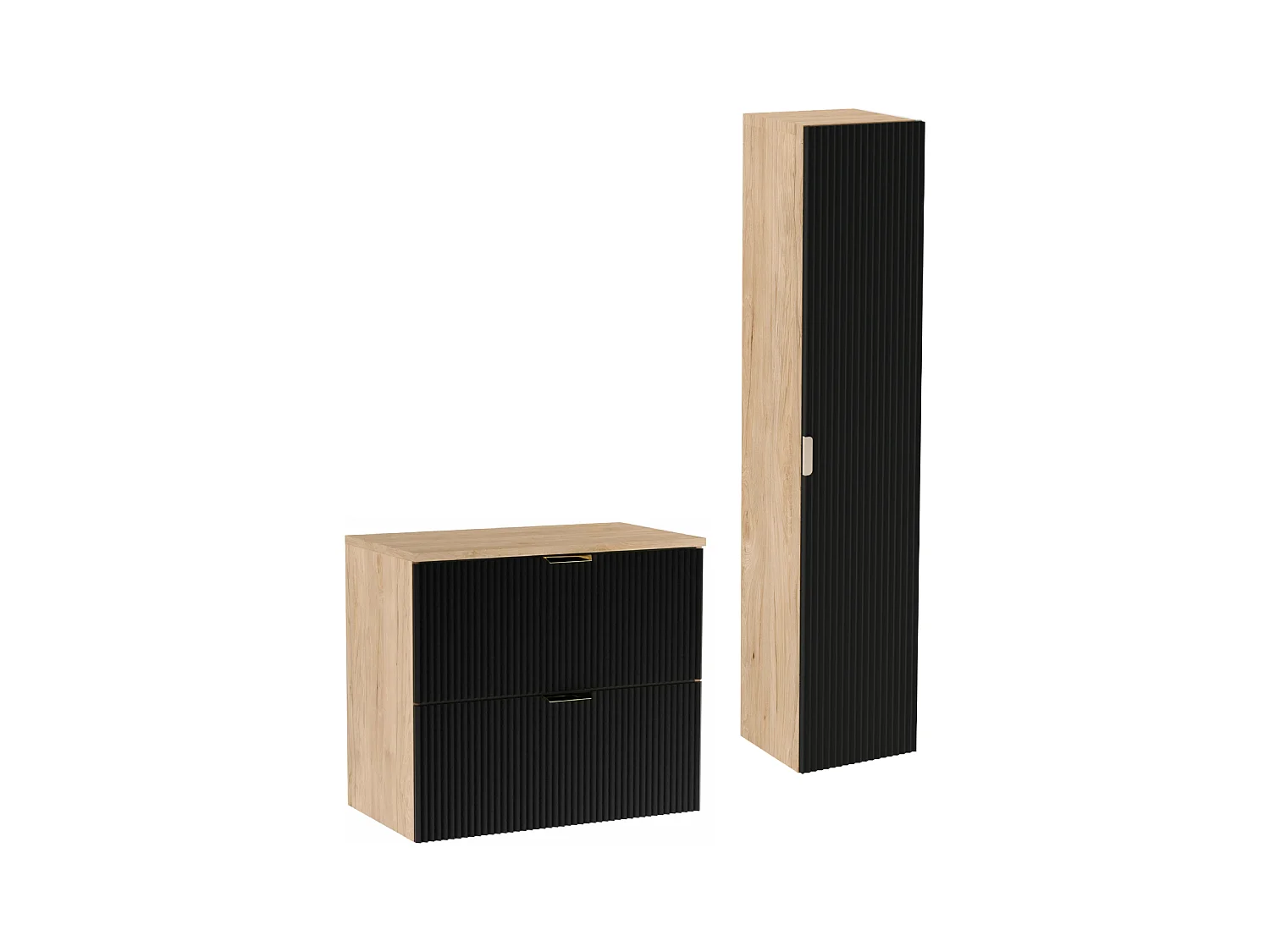 Zestaw Łazienkowy 80cm Szafka Blat Słupek Ryflowane Fronty Czarny / Dąb Orzech