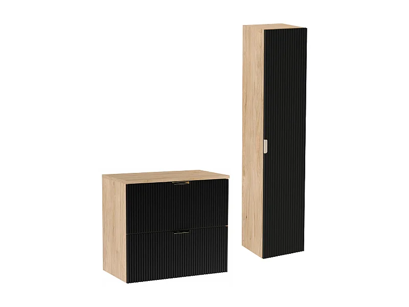 Zestaw Łazienkowy 80cm Szafka Blat Słupek Ryflowane Fronty Czarny / Dąb Orzech