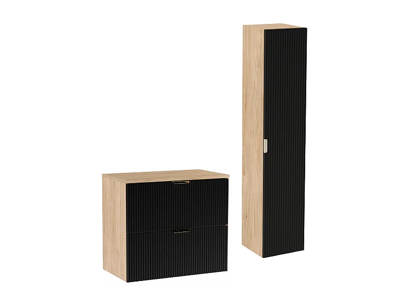 Zestaw Łazienkowy 80cm Szafka Blat Słupek Ryflowane Fronty Czarny / Dąb Orzech