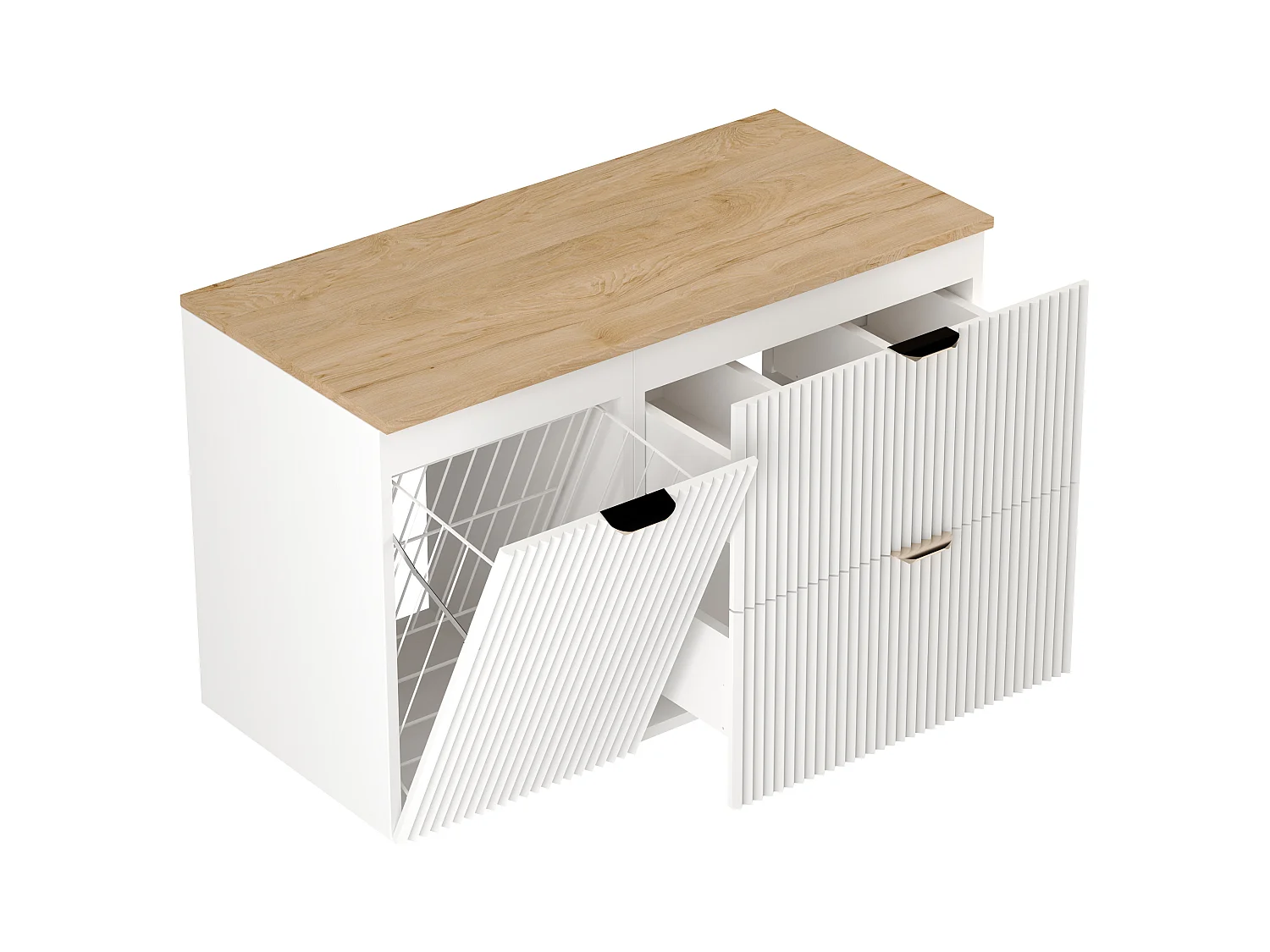 Biały Zestaw do Łazienki 100cm Szafka pod Umywalkę Blat Szafka z Koszem Słupek Ryflowane Fronty