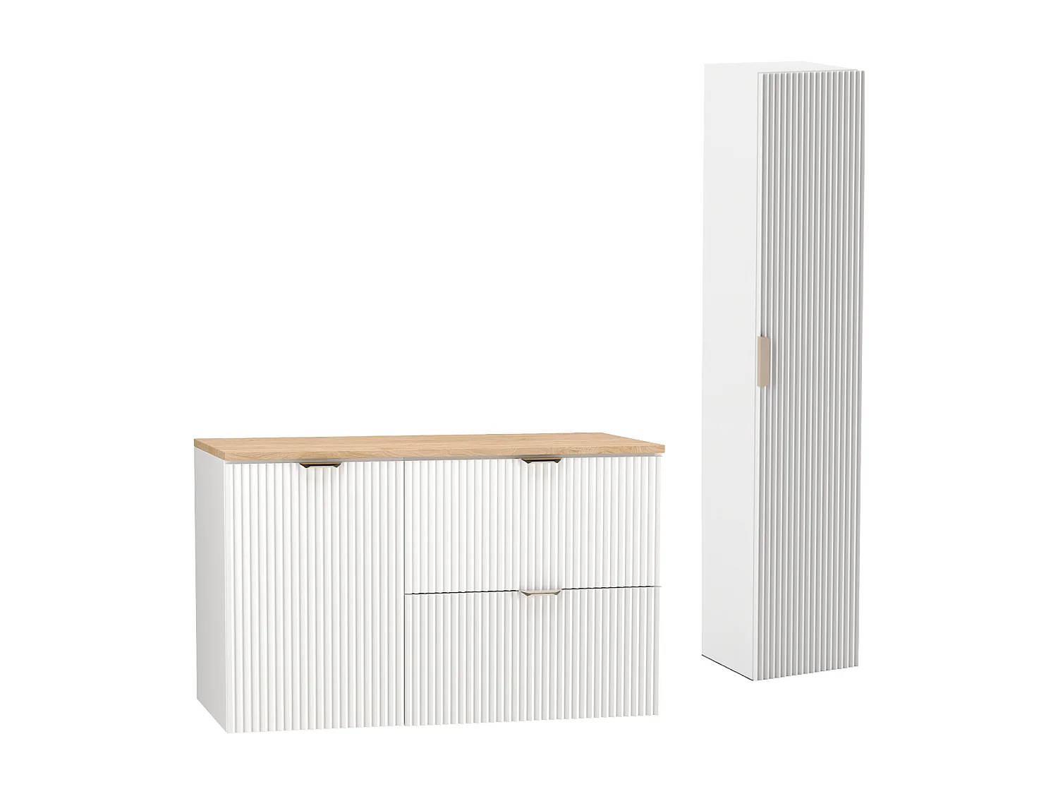 Set da bagno bianco 100 cm Mobile sottolavabo Piano di lavoro Mobile con cestello Colonna Frontali scanalati