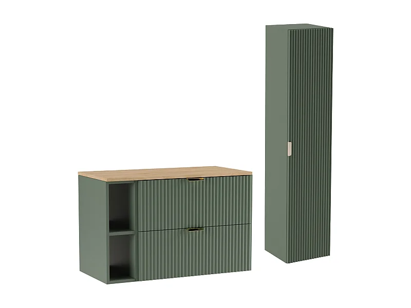 Zielony Zestaw Łazienkowy 100cm Szafka Blat Orzech Regał Słupek Ryflowane Fronty