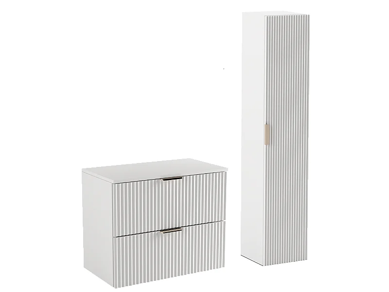 Biały Zestaw Łazienkowy 80cm Szafka Blat Słupek Ryflowane Fronty