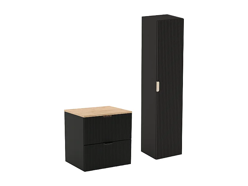 Czarny Zestaw Łazienkowy 60cm Szafka Blat Orzech Słupek Ryflowane Fronty