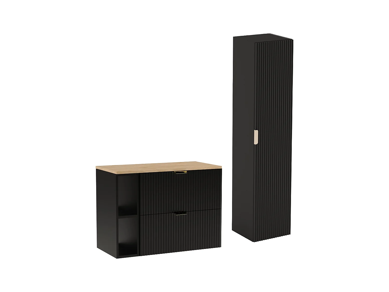 Czarny Zestaw Łazienkowy 80cm Szafka Regał Blat Orzech Słupek Ryflowane Fronty