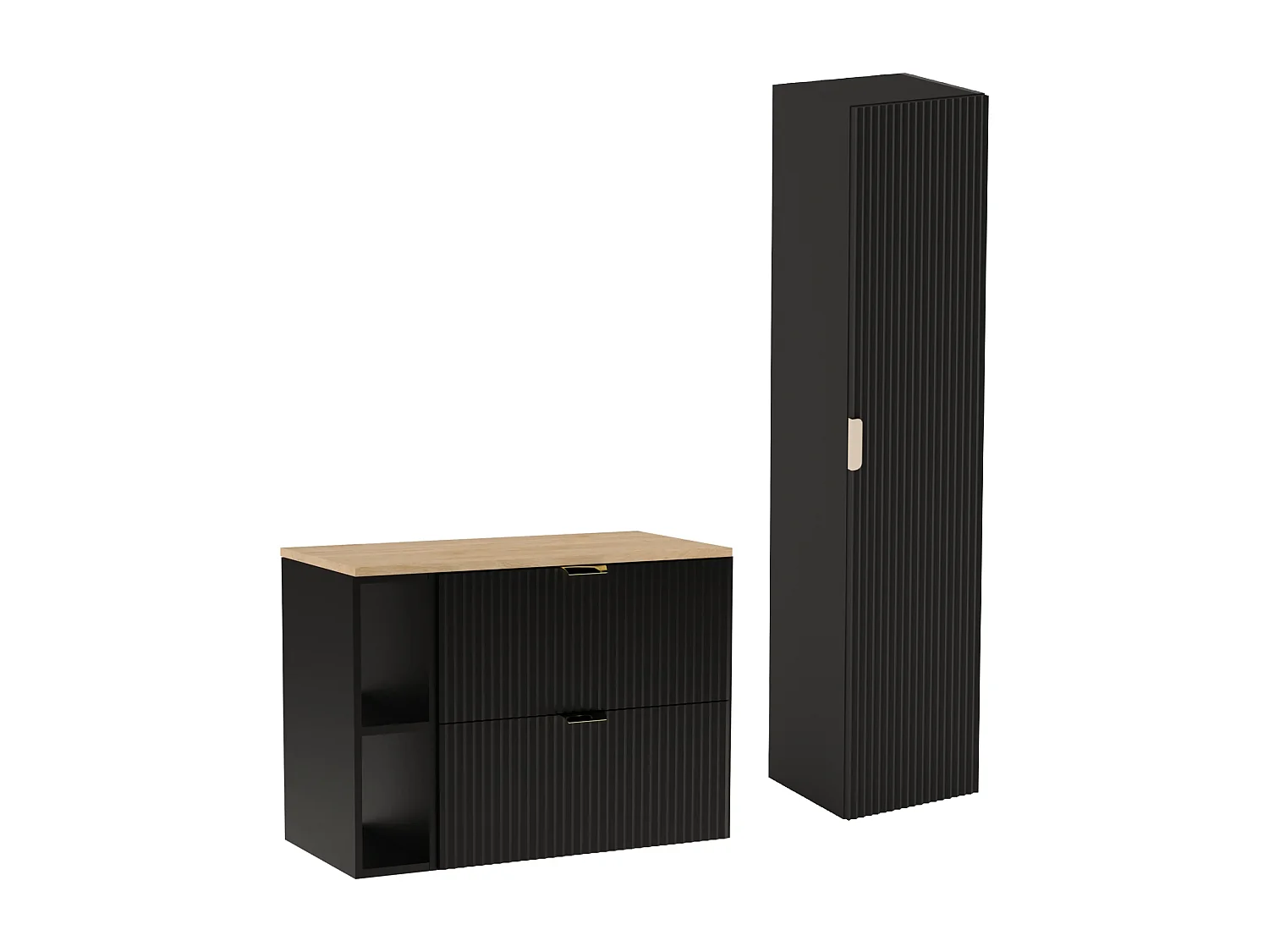 Conjunto de baño negro 80 cm Armario Estantería Encimera Nogal Columna Frentes ranurados