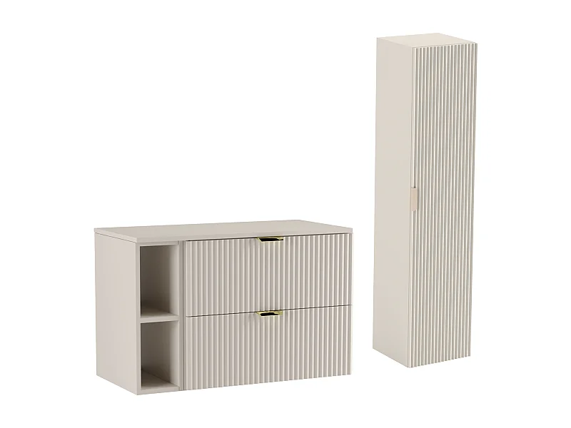 Set da bagno in cashmere 100 cm Mobile Lavabo Scaffale Colonna Frontali scanalati