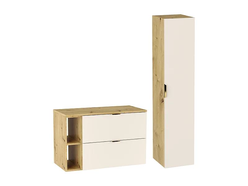 Ensemble de salle de bain 100 cm Cachemire  / Chêne noyer Armoire avec plateau et étagère + colonne Orio