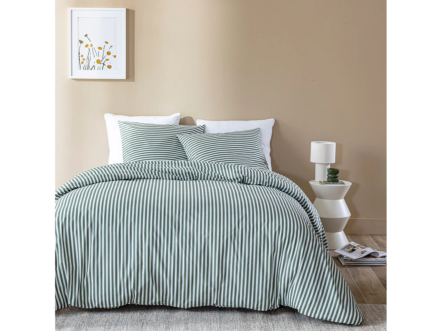 Parure de lit 140x200 coton à rayures vert Terre de Nuit Horizon