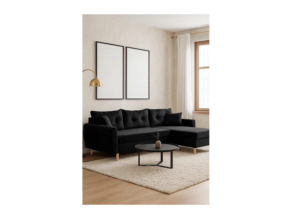 Canapé d’angle avec fonction de couchage, côté droit ROMEO L, tissu Riviera 100 noir, 234x156x74 cm