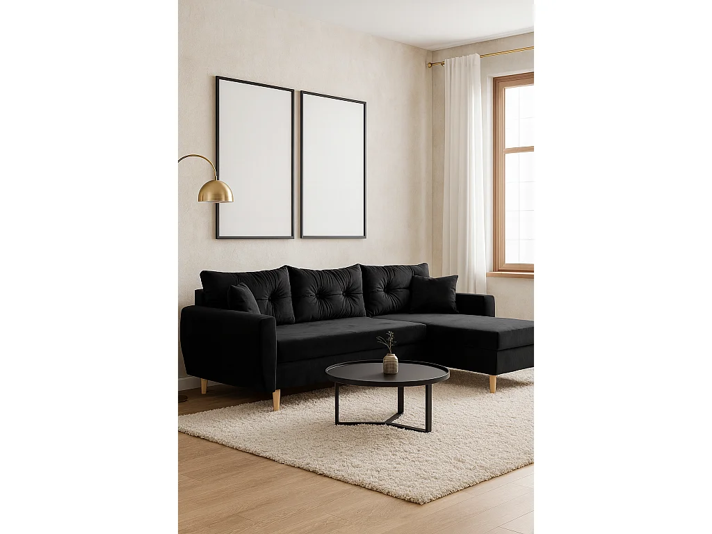 Hoekbank met slaapfunctie, rechtse uitvoering ROMEO L, stof Riviera 100 zwart, 234x156x74 cm