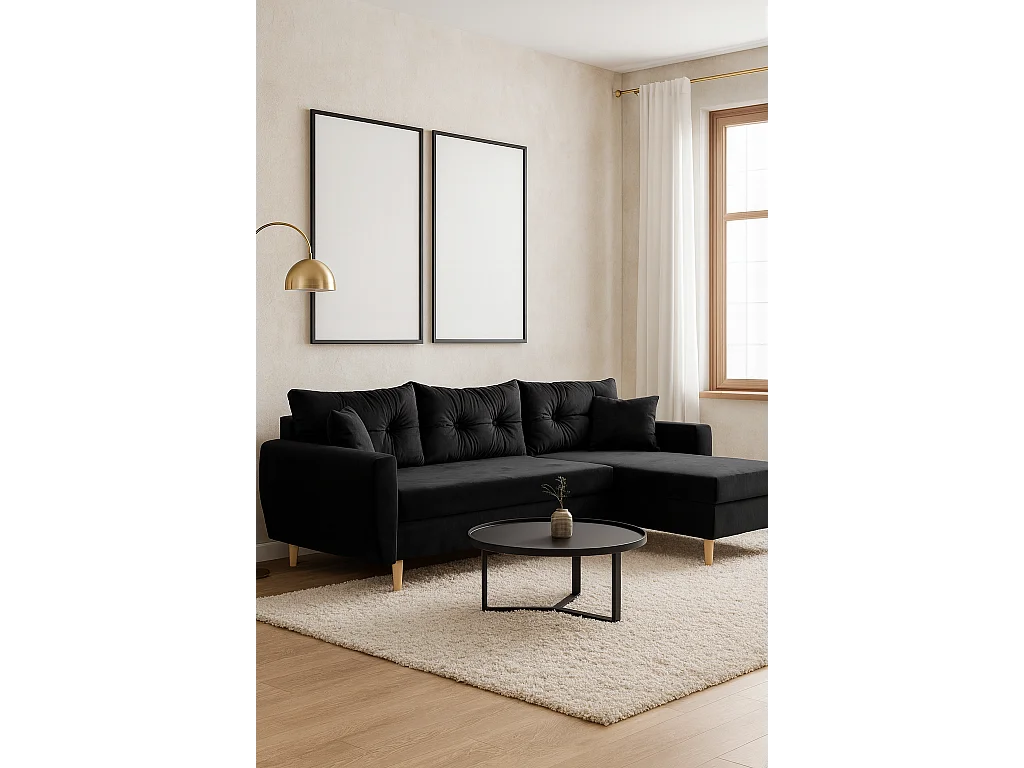 Hoekbank met slaapfunctie, rechtse uitvoering ROMEO L, stof Riviera 100 zwart, 234x156x74 cm