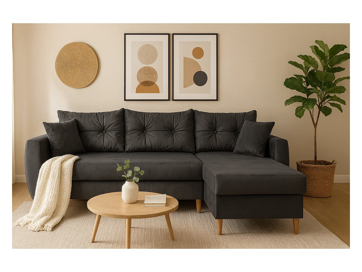 Ecksofa mit Schlaffunktion, rechtsseitig ROMEO L, Stoff Riviera 95 grau, 234x156x74 cm