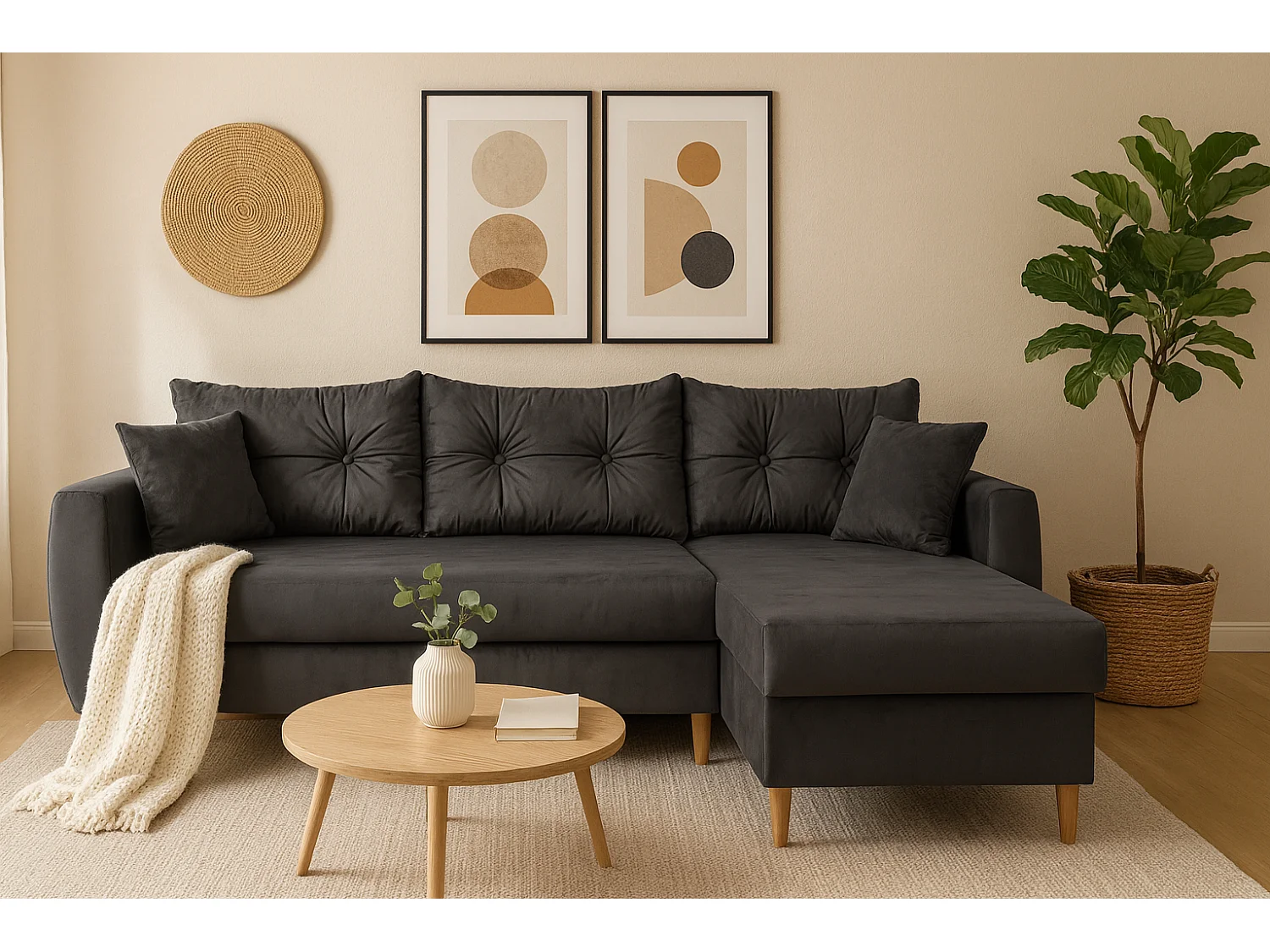 Narożnik z funkcją spania prawostronny  ROMEO L, tkanina Riviera 95 szara, 234x156x74 cm