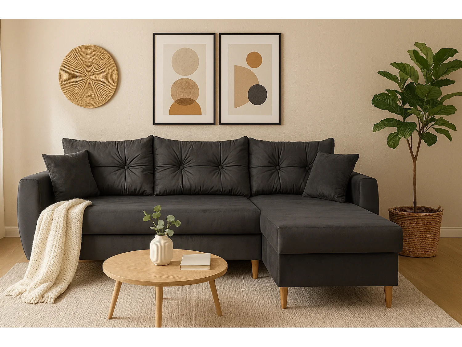 Narożnik z funkcją spania prawostronny  ROMEO L, tkanina Riviera 95 szara, 234x156x74 cm