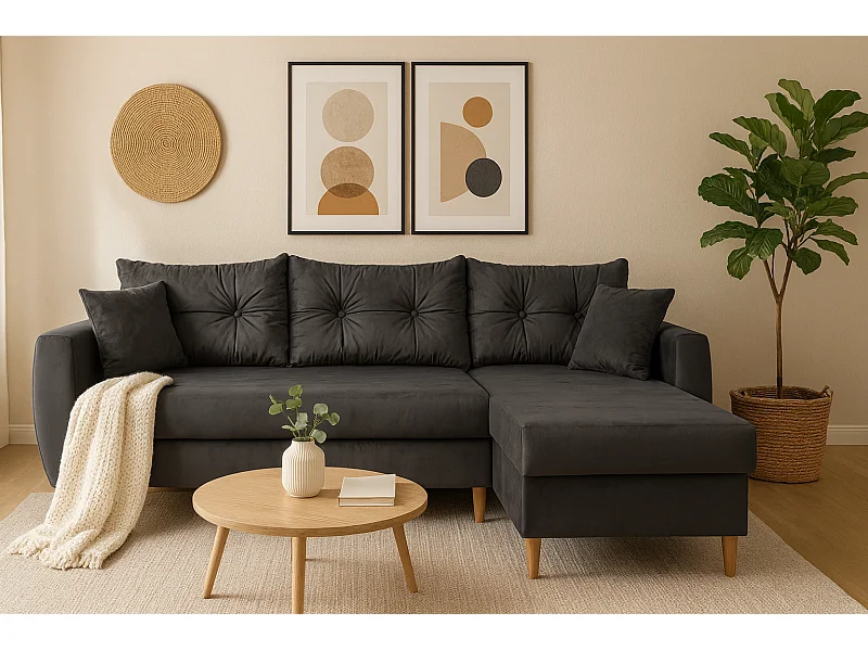 Canapé d’angle avec fonction de couchage, côté droit ROMEO L, tissu Riviera 95 gris, 234x156x74 cm