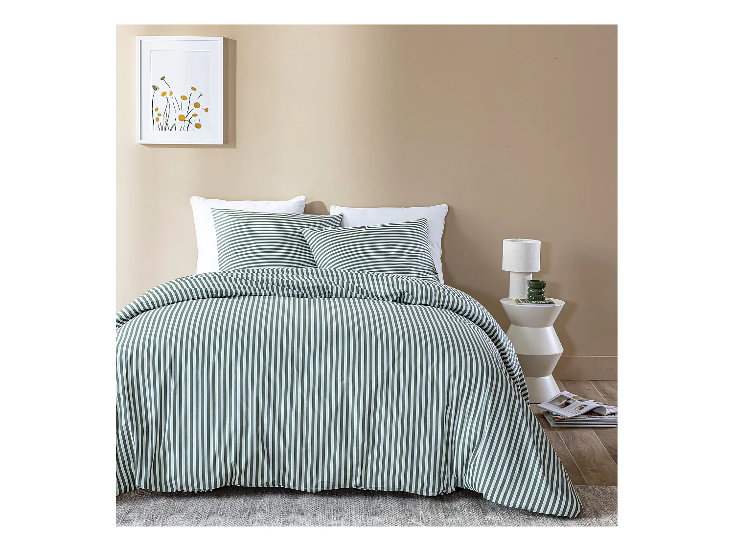 Parure de lit 260x240 coton à rayures vert Terre de Nuit Horizon