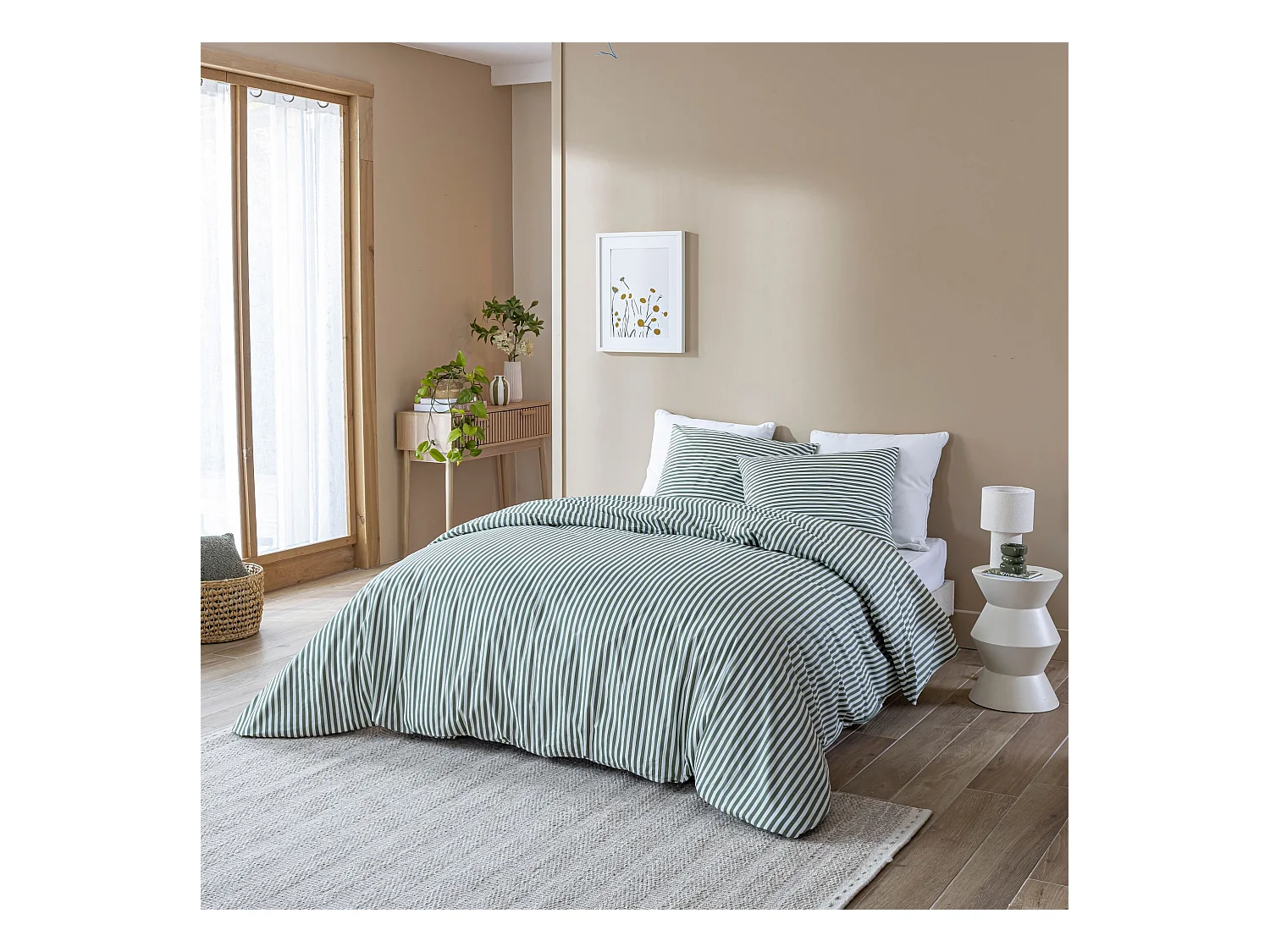 Parure de lit 260x240 coton à rayures vert Terre de Nuit Horizon